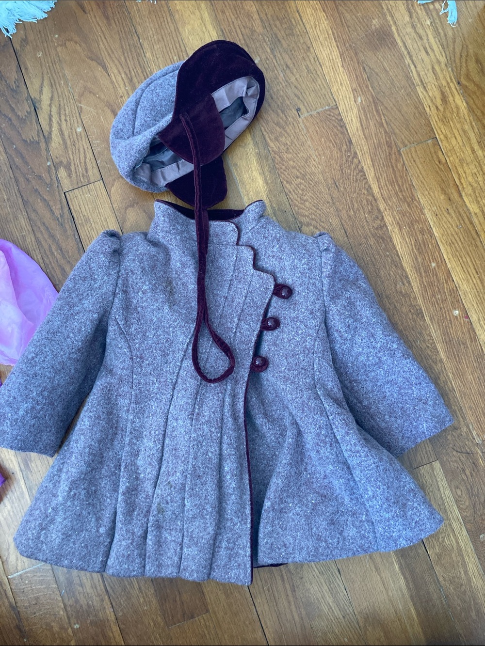 Girls' Vintage Woolly Dress Coat with Maroon Trim and Matching Hat Rothschild